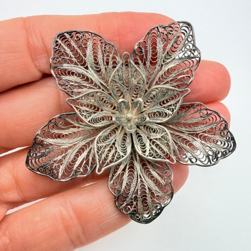 Antique Sterling Silver 925 Large Filigree Flower Brooch Pin Cannetille